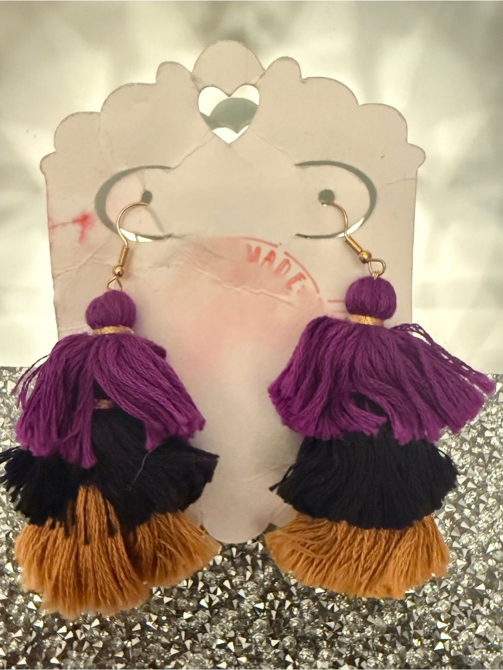 Tassel Drop Earrings - Purple, Black & Tan